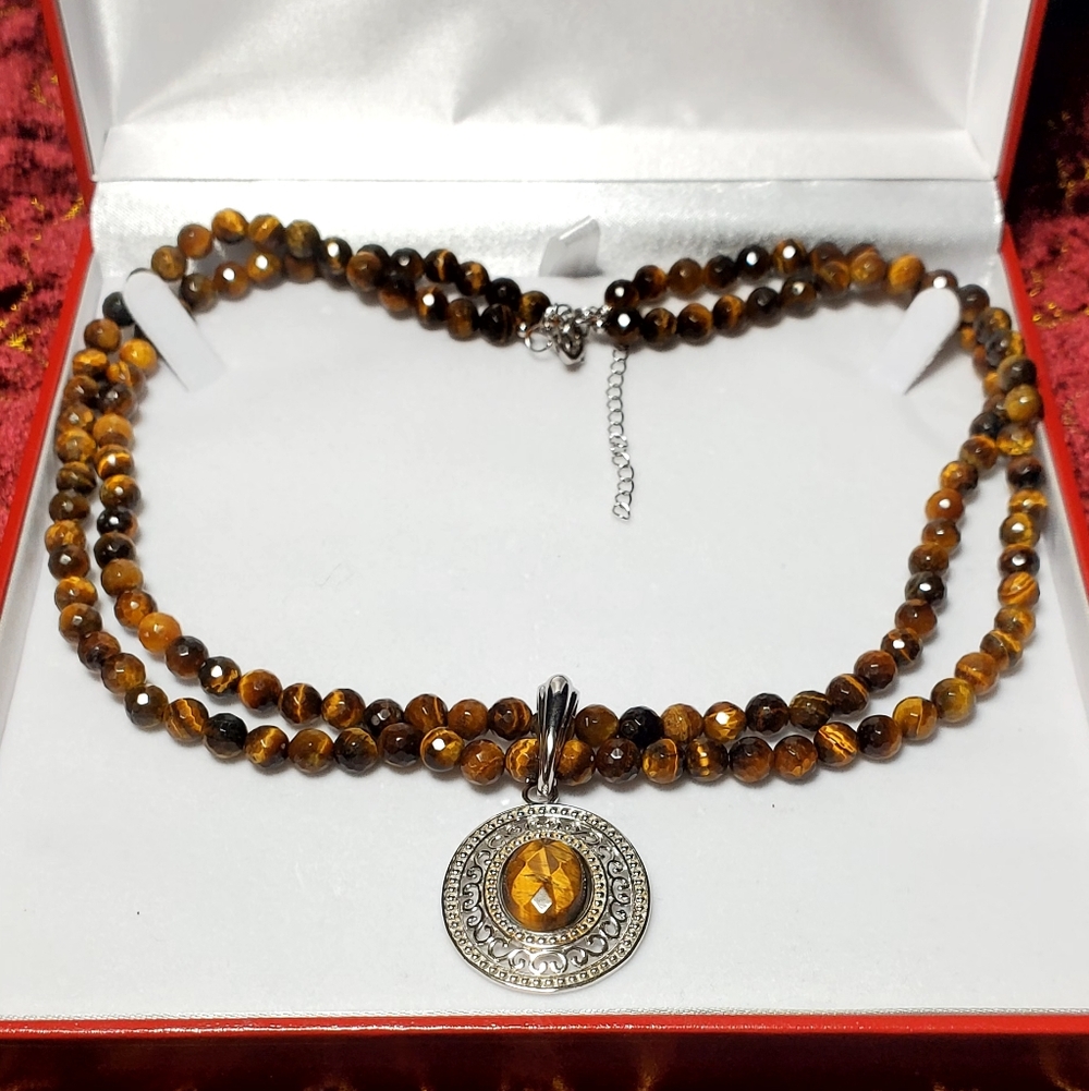Elegant Tiger Eye Beaded Necklace With Sterling Silver Tiger Eye Stone Pendant